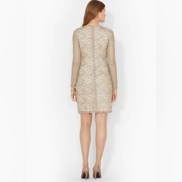 LAUREN by Ralph Lauren Scalloped Shimmering Metallic Lace Dress - Size 0 - Picture 6 of 12